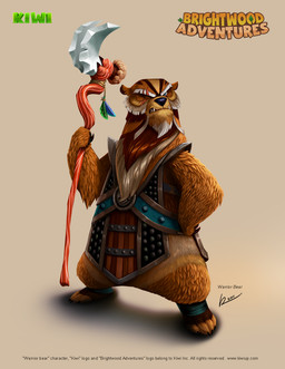 anthro armor armor_plates blue_eyes brown_body claws clothing eyebrows_(marking) facial_hair fangs feet fluffy foot_wraps male mature_anthro mature_male neck_tuft scar semi-anthro staff tan_body teeth text tuft white_body wraps reevolver brightwood_adventures garden_city_games edmund_bearclaw bear brown_bear grizzly_bear mammal ursine 2011 english_text official_art url