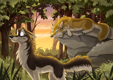 bedroom_eyes canid canine canis caught conditional_dnp coyote duo female forest fox lying male mammal narrowed_eyes plant rock seductive sunset surprise surprised_expression tani_da_real tree wolf