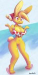 bandanna big_breasts breasts bun_butts clothed clothing female fur genitals hair headgear headwear hi_res kerchief lagomorph leporid mammal nude partially_clothed ponytail rabbit solo thick_thighs toony wide_hips yellow_body yellow_fur
