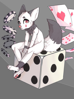 ambiguous_gender anthro biped d6 dice fur grey_body grey_fur looking_at_viewer multicolored_body multicolored_fur pawpads paws red_eyes sitting solo two_tone_body two_tone_fur white_body white_fur young young_anthro ricky945 canid canine mammal 2018 digital_media_(artwork) hi_res shaded