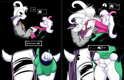 anthro balls black_sclera blush bodily_fluids bulge clothed clothing duo erection foreskin fur genital_fluids genitals glans horn humanoid_genitalia humanoid_penis jewelry kissing locket male male/male no_underwear pendant penis pink_glans precum robe scarf text tips_touching white_body white_eyes white_fur frist44 deltarune undertale undertale_(series) asriel_dreemurr_(god_form) ralsei boss_monster_(undertale) bovid caprine goat mammal absurd_res comic english_text hi_res
