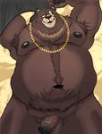 anthro balls belly brown_body brown_fur brown_penis claws erection exhibitionism eye_scar facial_scar flaccid foreskin fur genitals gold_(metal) gold_jewelry gold_necklace hairy humanoid_genitalia humanoid_penis jewelry male manly navel necklace nipples obese obese_anthro obese_male overweight overweight_anthro overweight_male paws penis pose pubes scar solo vein veiny_penis nanuk_(artist) mihoyo zenless_zone_zero ben_bigger bear mammal absurd_res hi_res