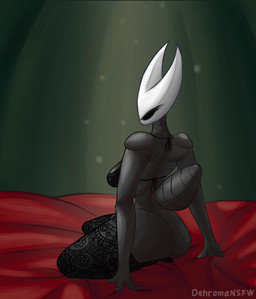3_fingers bed black_body black_clothing black_eyes black_panties black_underwear bra breasts butt clothing female fingers furniture lace lace_bra legwear lingerie mask on_bed panties red_bed_sheet side_eye sitting sitting_on_bed solo stockings tail underwear white_mask dehromansfw hollow_knight_(franchise) team_cherry hornet_(hollow_knight) arachnid arthropod spider hi_res shaded