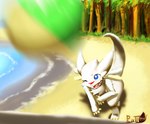 blue_eyes feral fur male one_eye_closed plant sand seaside smile solo sport tail tree volleyball white_body white_fur wings wink ratteu dragon_drive mythology chibisuke dragon mythological_creature mythological_scalie scalie