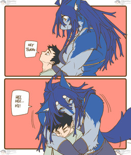 anthro blue_body blue_fur blue_hair cuddling female female_on_human fur hair hug human_on_anthro interspecies larger_anthro larger_female male male_on_anthro romantic romantic_couple side_view size_difference smaller_male smile text rekidesu mythology ren_(rekidesu) tsukiko_(rekidesu) canid canine canis human mammal mythological_canine mythological_creature werecanid werecanine werecreature werewolf wolf 2025 comic english_text hi_res