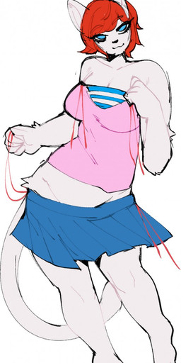 anthro barefoot blue_bottomwear blue_clothing blue_eyes blue_skirt bottomwear breasts clothing cosplay feet female fur hair looking_at_viewer pattern_clothing pink_clothing red_hair short_hair simple_background skirt smile solo standing striped_clothing stripes tail white_background white_body white_fur satanickpaws atlus megami_tensei sega saree yuzu_tanikawa domestic_cat felid feline felis mammal 2018 hi_res