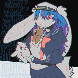 abstract_background angry anthro blue_hair bottomwear clothing feral fingers group hair hat headgear headwear heart_symbol holding_animal long_ears one_eye_closed pink_eyes sailor_cap sailor_uniform skirt tail text trio uniform deceased_bunny lagomorph leporid mammal rabbit 1:1 2025 digital_media_(artwork) english_text hi_res