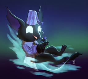 3_toes 4_fingers accessory ambiguous_gender anthro barefoot beak big_ears biped black_beak black_body black_fur black_tail black_tail_tuft blue_eyes bottomless bottomless_anthro bottomless_male button_(fastener) chain_accessory claws clock clothed clothed_anthro clothed_male clothing coat crescent_moon digitigrade duo empty_eyes featureless_crotch feet finger_claws fingers floating fur glowing glowing_eyes happy hat headgear headwear hindpaw holding_another levitation magic male male_anthro moon nightcap open_beak open_clothing open_mouth open_topwear paintbrush_tail pajamas pattern_clothing pattern_hat pattern_headgear pattern_headwear pattern_topwear pawpads paws pocketwatch purple_clothing purple_hat purple_headwear purple_inner_ear purple_pajamas purple_pawpads purple_topwear semi-anthro simple_background size_difference sleepwear solo_focus tail tail_tuft toe_claws toes tongue topwear tuft watch white_eyes young young_anthro young_male birbdrain deadlock_(game) mythology valve lil_helper_(deadlock) rem_(deadlock) avian chimera dream_creature gryphon mythological_avian mythological_creature 2026 absurd_res digital_drawing_(artwork) digital_media_(artwork) hi_res