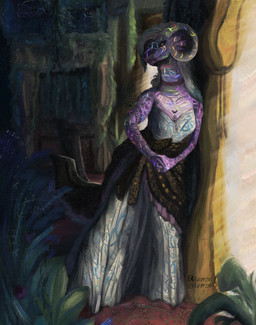 anthro bedroom biped black_sclera black_text breasts clothed clothing detailed_background dress eyelashes female fingers glowing hair horn markings mouth_closed non-mammal_breasts plant purple_body solo standing text yellow_eyes leprzil mythology dragon mythological_creature mythological_scalie scalie 2026 artist_name english_text hi_res nonbinary_(lore)