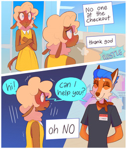 5_fingers anthro ascot black_clothing black_eyebrows black_shirt black_text black_topwear blue_eyes blue_hair blush bodily_fluids breath brown_body brown_ears brown_fur brown_nose cheek_tuft circle_eyebrows clothed clothing clothing_store crossdressing crossdressing_male detailed_background dialogue dress duo eyebrows eyes_closed facial_tuft femboy fingers front_view fur hair hands_behind_back inside looking_at_another male name_tag orange_body orange_fur polka_dot_dress polka_dots shaking shirt side_view smile speech_bubble standing store sweat tail tan_body tan_fur tan_hair text thought_bubble topwear tremble_lines tremble_spikes trembling tuft white_text yellow_clothing yellow_dress heresvix connor_(heresvix) dani_(heresvix) bovid canid canine caprine fox mammal sheep 2025 comic english_text hi_res