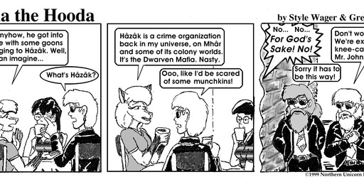 anthro axe beard breasts clothed clothed_female clothed_male clothing container cup dialogue dipstick_ears ear_markings facial_hair female fur group hair jacket male multicolored_ears mustache necktie open_clothing open_jacket open_topwear text topwear style_wager dela_the_hooda dela_aldershaw jake_mcross sue_chan_(dela_the_hooda) canid canine dwarf fox hooda human humanoid mammal 1999 comic english_text greyscale monochrome