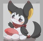 balls bandage big_balls big_penis blush bodily_fluids bow_tie genital_fluids genitals looking_at_viewer male penis precum scar solo fisuku nintendo pokemon fan_character piku emolga generation_5_pokemon pokemon_(species) hi_res