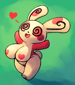 anthro big_breasts black_nose breasts curvy_figure female flaunting green_background heart_(marking) heart_symbol markings pose simple_background smile solo spiral spiral_eyes wide_hips 4chan_anon anonymous_artist nintendo pokemon generation_3_pokemon lagomorph mammal pokemon_(species) spinda 2023