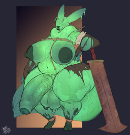 anthro areola balls big_areola big_balls big_breasts big_penis breasts genitals green_body gynomorph huge_balls huge_penis humanoid_genitalia humanoid_penis hyper intersex melee_weapon nipples overweight penis solo sword thick_thighs weapon frozentrovador bandai_namco digimon canid digimon_(species) goo_creature mammal renamon 2022 absurd_res hi_res