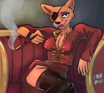 anthro breasts claws cleavage clothed clothing eye_patch eyewear female fur looking_at_viewer orange_body orange_fur sitting smoke smoking solo teeth tongue tongue_out trashcamell beastars ten_(beastars) canid canine fox mammal red_fox true_fox 2020 signature