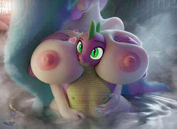 age_difference aged_up anthro anthrofied areola bathing bathing_together bathtub big_areola big_breasts big_nipples breast_grab breast_squish breasts colored_nails cutie_mark duo erect_nipples ethereal_hair ethereal_tail female female_anthro green_eyes grin hand_on_breast head_between_breasts heart_symbol horn hot_spring hug huge_breasts hugging_another hugging_from_behind interspecies larger_female looking_at_viewer male male/female male_anthro multicolored_body nails nipples non-mammal_nipples nude nude_anthro nude_female nude_male older_anthro older_female onsen partially_submerged pupils sharp_teeth size_difference slit_pupils smaller_male smile squish teeth two_tone_body water wet wet_body wet_skin white_body white_skin wide_hipped_anthro wide_hipped_female wide_hips younger_anthro younger_male hooves-art friendship_is_magic hasbro my_little_pony mythology princess_celestia_(mlp) spike_(mlp) dragon equid equine horse mammal mythological_creature mythological_equine mythological_scalie pony scalie unicorn 3d_(artwork) absurd_res digital_media_(artwork) hi_res