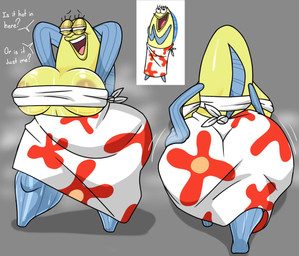 anthro areola areola_slip big_areola big_breasts big_butt bodily_fluids breasts butt clothed clothing female green_lips hand_on_hip huge_breasts huge_butt lips musk navel nipples non-mammal_breasts non-mammal_navel non-mammal_nipples overweight overweight_anthro overweight_female solo sweat thick_thighs towel wide_hips wrap_skirt yellow_body japansadface nickelodeon spongebob_squarepants incidental_47_(spongebob) aquatic fish reference_image
