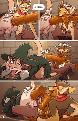 anthro anus backsack balls blush boots bulge chain clothing dialogue dungeon duo ear_piercing eating_feces excessive_feces feces feces_in_mouth feces_on_body feces_on_face feces_on_penis footwear foreskin genitals hat headgear headwear hyper hyper_feces looking_pleasured magic magic_circle magic_gone_wrong magic_user male masturbation nipples penis piercing pooping puffy_anus robe robe_lift rogue scatplay shirtless_male shoes sound_effects speech_bubble stairs text tongue tongue_out torch witch_hat scataraxia canid canine canis cougar felid feline jackal mammal comic digital_media_(artwork) english_text hi_res trans_(lore) trans_woman_(lore)
