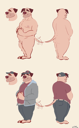 anthro beard brown_eyebrows brown_nose clothed clothing eyebrows facial_hair floppy_ears fur grey_clothing grey_jacket grey_topwear hat headgear headwear jacket male mouth_closed narrowed_eyes nude open_clothing open_jacket open_topwear overweight overweight_anthro overweight_male red_clothing red_shirt red_t-shirt red_topwear shirt simple_background solo standing t-shirt tail tail_motion tailwag tan_body tan_fur topwear whiskers white_background chocolateandmilk richard_(chocolateandmilk) canid canine canis domestic_dog mammal absurd_res hi_res