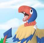 2013 adobe_photoshop_(artwork) ambiguous_gender archen beak blue_body blue_feathers blue_sky claws cloud digital_media_(artwork) digital_painting_(artwork) fangs feathers feral fossil_pokemon generation_5_pokemon half-length_portrait low_res nintendo open_beak open_mouth pink_tongue pokemon pokemon_(species) portrait primary_colors red_beak red_body red_feathers sebdoggo shaded sky skyscape solo spade_tail tail teeth tongue wing_claws wings yellow_body yellow_feathers