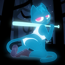 anthro baseball_bat bat_(object) bra clothing female footwear forest forest_background glowing panties plant shoes sky sports_bra star starry_sky tree underwear dm29 night_in_the_woods mae_borowski domestic_cat felid feline felis mammal 1:1