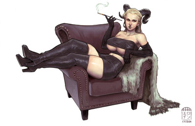 barely_contained big_breasts black_clothing blonde_hair boots bottomwear bra breasts chair cigarette clothing ear_piercing ear_ring female footwear front_view furniture gloves hair handwear high_heeled_boots high_heels horn legwear lips not_furry piercing pose ring_piercing rug shoes simple_background sitting skirt smoking sofa solo thigh_boots thigh_highs underwear erodun dungeons_and_dragons hasbro wizards_of_the_coast demon demon_humanoid horned_humanoid humanoid hi_res