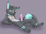 anthro balls bell bell_collar biped black_body black_fur blush claws collar collar_only dipstick_tail erection fangs fur genitals glans grey_body grey_fur humanoid_genitalia humanoid_penis inner_ear_fluff leaning looking_at_viewer lying male markings nude on_back pawpads paws penis simple_background smile smiling_at_viewer solo tail tail_markings teeth tuft decodecker felid feline lynx mammal digital_drawing_(artwork) digital_media_(artwork) hi_res