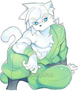 anthro blue_eyes clothing fur green_clothing male solo white_body white_fur zipskyblue akira_(zipskyblue) felid feline mammal hi_res