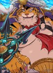 anthro belly clothing eyebrows fur harness hat headgear headwear leather leather_harness male moobs orange_body orange_fur overweight pawpads sailor_cap scar shirtless shirtless_male solo striped_body striped_fur stripes thick_eyebrows shirokumaou crave_saga admir_(crave_saga) felid mammal pantherine tiger hi_res