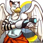 anthro beak feathered_wings feathers green_eyes male muscular muscular_anthro muscular_male portal_gun simple_background solo white_background wings ventkazemaru barabird mythology portal_(series) valve drew_(barabird) avian gryphon mythological_avian mythological_creature 1:1 absurd_res hi_res