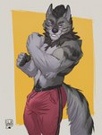 anthro biceps bottomwear bulge clothed clothing erection erection_under_clothing flexing fur grey_body grey_fur male muscular muscular_anthro muscular_male pants pubes purple_eyes smile smirk solo sweatpants tail topless topless_anthro topless_male lion21 alex_nightmurr canid canine canis mammal wolf hi_res sketch story story_in_description