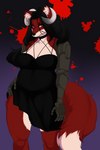 alternative_fashion amber_eyes anthro belly big_belly black_clothing black_hair black_nose blood blood_splatter bodily_fluids clothing ear_tuft female fluffy fluffy_tail fur goth hair horn looking_at_viewer nightgown overweight prosthetic prosthetic_arm prosthetic_hand prosthetic_limb red_body red_fur simple_background solo tail thick_thighs tuft white_horn nastynatalie sigma_au zoey_lavender canid canine fox mammal red_fox true_fox absurd_res hi_res