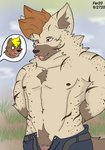 anthro blonde_hair brown_body genitals hair male muscular muscular_male nipples penis penis_base prehistoric pubes stripes tan_body teasing fer canid canine canis hyena mammal rodent sciurid wolf hi_res