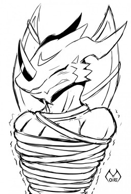anthro arms_tied bdsm blush blush_lines bondage bound eyes_closed fully_bound horn logo male motion_lines neck_tied restrained restraints simple_background solo spikes spikes_(anatomy) submissive submissive_anthro submissive_male teeth white_background wings wings_tied moire_dragon bandai_namco digimon digimon_(species) exveemon artist_logo hi_res monochrome
