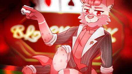 accessory ace_of_clubs ace_of_hearts ace_of_spades anthro bent_legs big_tail blazer blurred_background bottomwear card card_game clothed clothing collared_shirt detailed_background dress_pants dress_shirt ear_piercing facial_markings fluffy fluffy_tail fur furniture gaming gauged_ear hair harsh_lighting head_markings head_tuft looking_at_viewer male markings on_table open_clothing open_suit pants pattern_clothing piercing pin_accessory pink_body pink_fur playing_card poker_table raised_arm red_body red_eyes red_fur red_hair red_light red_nose ring_piercing rolled_up_pants rolled_up_sleeves shirt sitting sitting_on_table slicked_back_hair smile smiling_at_viewer smirk smirking_at_viewer snout snout_markings solo spots spotted_body spotted_fur striped_body striped_clothing striped_fur striped_markings stripes suit suit_symbol table tail tan_body tan_fur text text_in_background topwear tuft arvo_(artist) neru_michishige civet mammal viverrid 16:9 2025 half-length_portrait hi_res portrait watermark widescreen