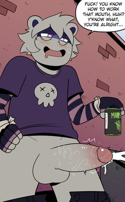 ahegao alley alley_sex anthro balls beverage beverage_can big_balls big_penis blush bodily_fluids bottomwear bottomwear_down brick brick_wall clothed clothing cum dripping dumpster ejaculation energy_drink erection first_person_view fully_clothed genital_fluids genitals humanoid_genitalia humanoid_penis looking_at_viewer looking_pleasured male outside_sex pants pants_down partially_clothed penis profanity saliva saliva_on_penis sex solo text throbbing wall_(structure) t0l0k zain_the_raccoon_(aarlog) mammal procyonid raccoon english_text