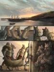 3:4 alectorfencer anthro bear chain comic cougar detailed_background dialogue english_text felid feline female group hyena male mammal melee_weapon outside pier piercing polearm prisoner red_lantern rukis scenery seaside ship spear spotted_hyena suid suina sus_(pig) tail text vehicle watercraft weapon wild_boar