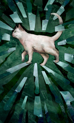 ambiguous_gender detailed_background feral fur green_eyes knife knife_in_wall paws pointy_ears pupils side_view slit_pupils solo tail white_body white_fur kingcael knife_cat the_magnus_archives the_admiral domestic_cat felid feline felis mammal english_description hi_res meme