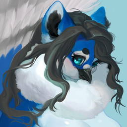 anthro big_breasts black_hair blue_body blue_fur breasts cleavage clothed clothing feathered_wings feathers female female_anthro fur hair inner_ear_fluff long_hair looking_at_viewer neck_tuft non-mammal_breasts solo tuft white_body wings mighty-whydah avian bird canid canine columbid dove fox hybrid mammal 1:1 2022 digital_media_(artwork) digital_painting_(artwork) painting_(artwork) portrait