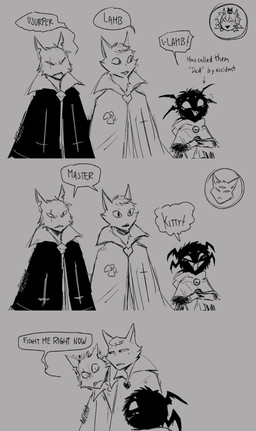 3_eyes ambiguous_anthro ambiguous_gender anthro dialogue eye_scar facial_scar fangs group looking_at_another multi_eye open_mouth open_smile scar smile speech_bubble teeth text aveloka cult_of_the_lamb don't_starve klei_entertainment massive_monster_(studio) aym_(cult_of_the_lamb) baal_(cult_of_the_lamb) lamb_(cult_of_the_lamb) narinder webber arachnid arthropod bovid caprine domestic_cat felid feline felis mammal sheep spider 2025 comic digital_drawing_(artwork) digital_media_(artwork) english_text hi_res monochrome