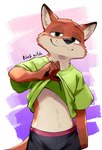 anthro bottomwear brown_body brown_fur clothed clothing clothing_lift fur green_eyes looking_at_viewer male multicolored_body multicolored_fur orange_body orange_fur pants shirt shirt_lift simple_background smile smirk solo t-shirt tan_body tan_fur text topwear kinoshita-jiroh disney zootopia nick_wilde canid canine fox mammal red_fox true_fox 2024 hi_res