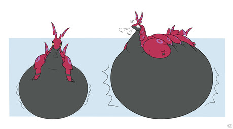 air_from_mouth air_inflation antennae_(anatomy) belly belly_expansion belly_squish big_belly black_body black_eyes blue_background bodily_fluids border breath expansion eyelashes female feral front_view hand_on_belly hand_on_own_belly huge_belly hyper hyper_belly hyper_inflation immobile inflation lying motion_lines multicolored_body nervous on_front puffed_cheeks red_antennae red_body red_tail simple_background solo squish sweat sweatdrop swelling tail three-quarter_view two_tone_body white_border yellow_sclera boxibloon nintendo pokemon arthropod generation_5_pokemon pokemon_(species) scolipede 2025 absurd_res colored digital_drawing_(artwork) digital_media_(artwork) flat_colors hi_res sequence signature