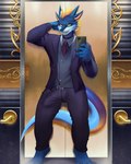 anthro barefoot blue_body bulge business classy clothing electronics elevator feet hand_behind_head male mirror necktie phone power raining selfie smile solo suit tail teeth aidennguyen17 mythology teryx teryx_commodore dragon mythological_creature mythological_scalie scalie 4:5 hi_res