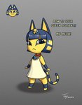 anthro biped clothed clothing egyptian egyptian_clothing female hair markings ring_(marking) ringed_tail solo striped_markings striped_tail stripes tail tail_markings text uraeus usekh yellow_body toby_art animal_crossing nintendo ankha_(animal_crossing) domestic_cat felid feline felis mammal 2022 english_text