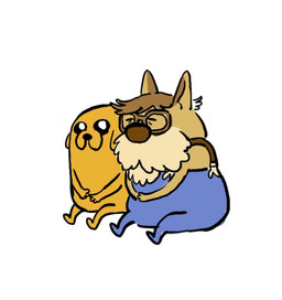 anthro blue_clothing blue_overalls brown_eyewear brown_glasses clothing duo eyes_closed eyewear feral fur glasses male orange_body orange_fur overalls pointy_ears prick_ears sean_glaze adventure_time cartoon_network disney stugo jake_the_dog mr._okay canid canine canis domestic_dog hunting_dog mammal mutant_(stugo) scottish_terrier terrier crossover