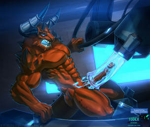 4_fingers abs big_penis blue_eyes bodily_fluids cum cum_in_sex_toy cumshot ejaculation fingers fucking_machine genital_fluids genitals glowing glowing_eyes horn machine male masturbation milking_machine muscular muscular_male pecs penile penile_masturbation penis penis_milking red_body solo text unusual_bodily_fluids unusual_cum unusual_genital_fluids todex chaotic chaor demon english_text hi_res url