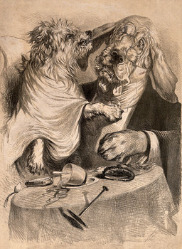 ambiguous_gender anthro bite biting_another bowl claws clock clothed clothed_feral clothing collared_shirt container cutlery dress_shirt duo ear_bite eyewear feral finger_claws floppy_ears fur furniture glasses gloves gown handwear jacket kitchen_utensils paws pillow pince-nez pocketwatch semi-anthro shirt simple_background spoon suit suit_jacket table text tools topwear watch wearing_glasses e._h._moore bloodhound canid canine canis domestic_dog hunting_dog mammal scent_hound terrier 19th_century absurd_res ancient_art hatching_(art) hi_res lithograph_(artwork) monochrome shaded traditional_media_(artwork)