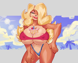 anthro areola areola_slip bedroom_eyes big_areola big_breasts bikini blonde_hair breasts cake cake_on_breasts cleavage clothed clothing dessert female food food_on_breasts green_eyes hair hand_on_hip huge_breasts lips looking_at_viewer narrowed_eyes seductive skindentation solo strapless_bikini strapless_clothing strapless_swimwear swimwear thick_thighs thong two-piece_swimsuit under_boob underwear wide_hips boxx_wrench activision crash_bandicoot_(series) tawna_bandicoot bandicoot mammal marsupial hi_res