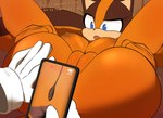 anthro anus areola blue_eyes breasts brown_areola brown_body brown_nipples butt cellphone dialogue disembodied_hand duo electronics female genitals livestream multicolored_body nipples open_mouth orange_body phone pussy spread_legs spreading text two_tone_body lawgx sega sonic_boom sonic_the_hedgehog_(series) sticks_the_jungle_badger badger mammal mustelid musteline 2025 english_text hi_res