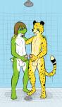 anthro balls brown_hair duo erection genitals group_masturbation hair humanoid_genitalia humanoid_penis male male/male masturbation nude penile penile_masturbation penis shower shower_head smile spots metal_(artist) mario_bros nintendo yoshi's_island geoff_(yoshi) zach_(gamerfox) cheetah felid feline green_yoshi mammal yoshi 2015 digital_media_(artwork)